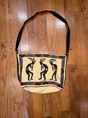 Boho Kokopelli Canvas Crossbody Bag in Cream and Black
